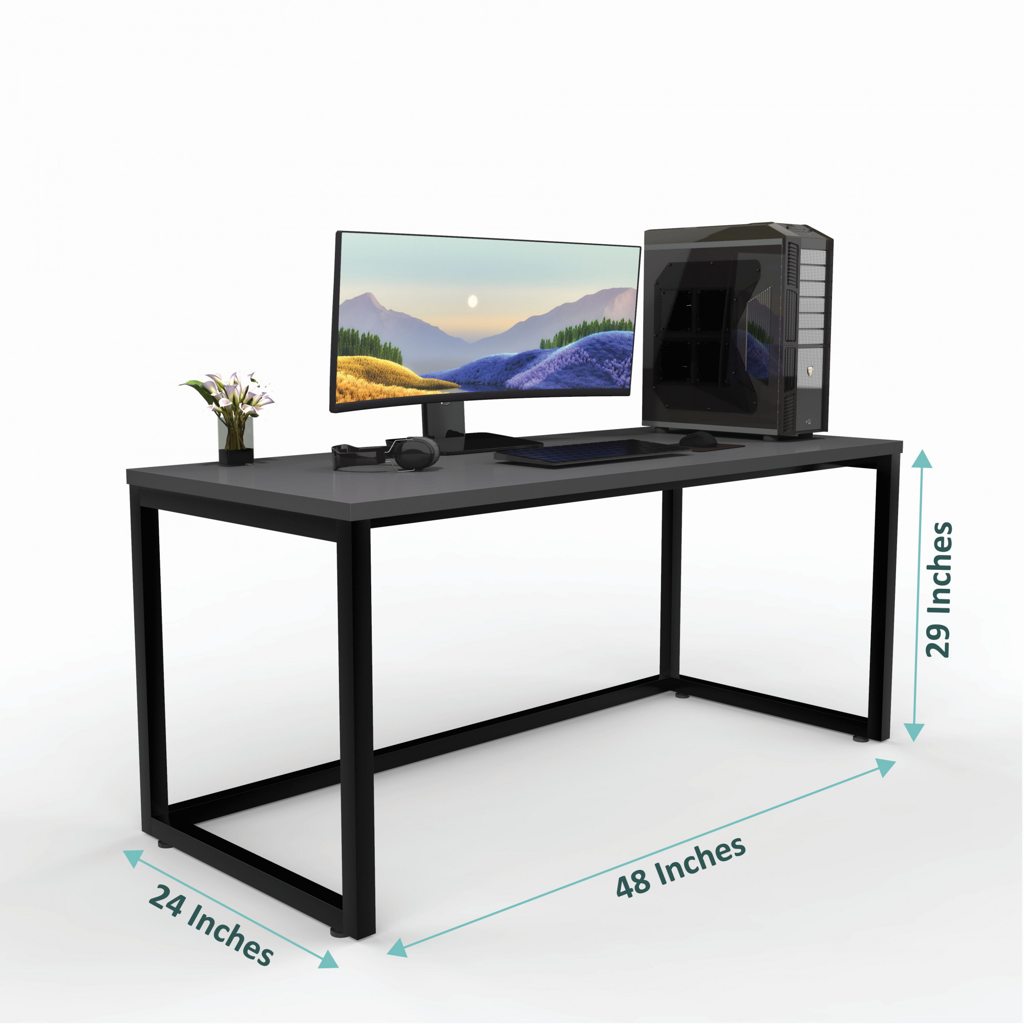 Lizon Metal Wood Computer Table for Home Office Modern Study Desk Sleek Grey Top Black Finish 61L x 122W x 73H Centimeters 1 Year Warranty