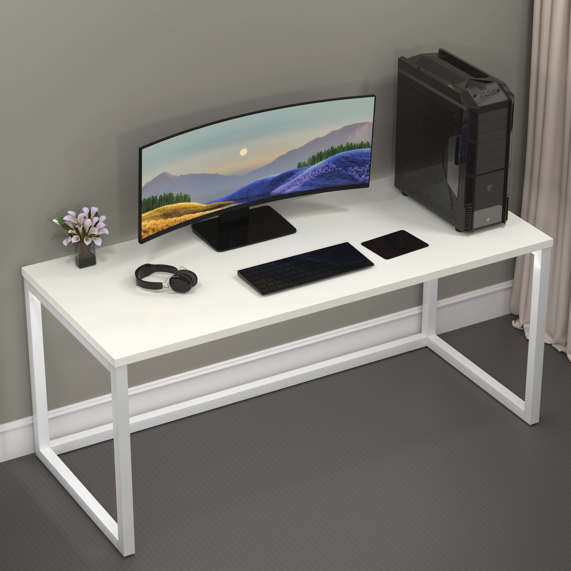 Lizon Metal Wood Computer Table for Home Office Modern Study Desk Sleek White Top White Finish 61L x 122W x 73H Centimeters 1 Year Warranty