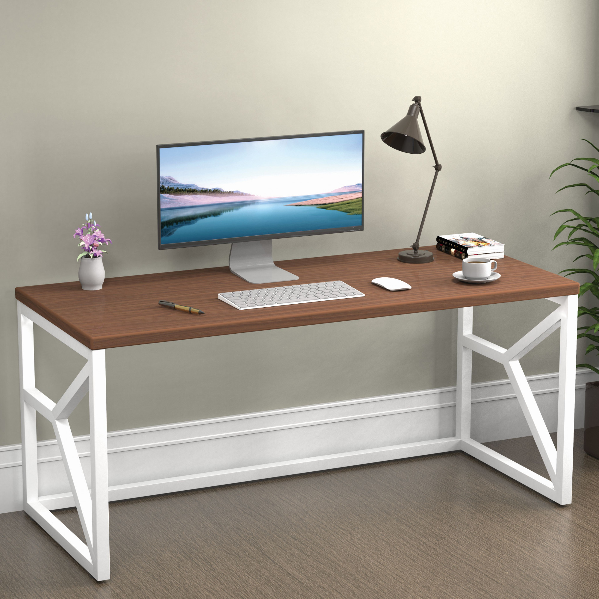 Duke Metal Wood Computer Table for Home Office Modern Study Desk with American Oak Top Black White Finish 61L x 122W x 73H Centimeters 1 Year Warranty