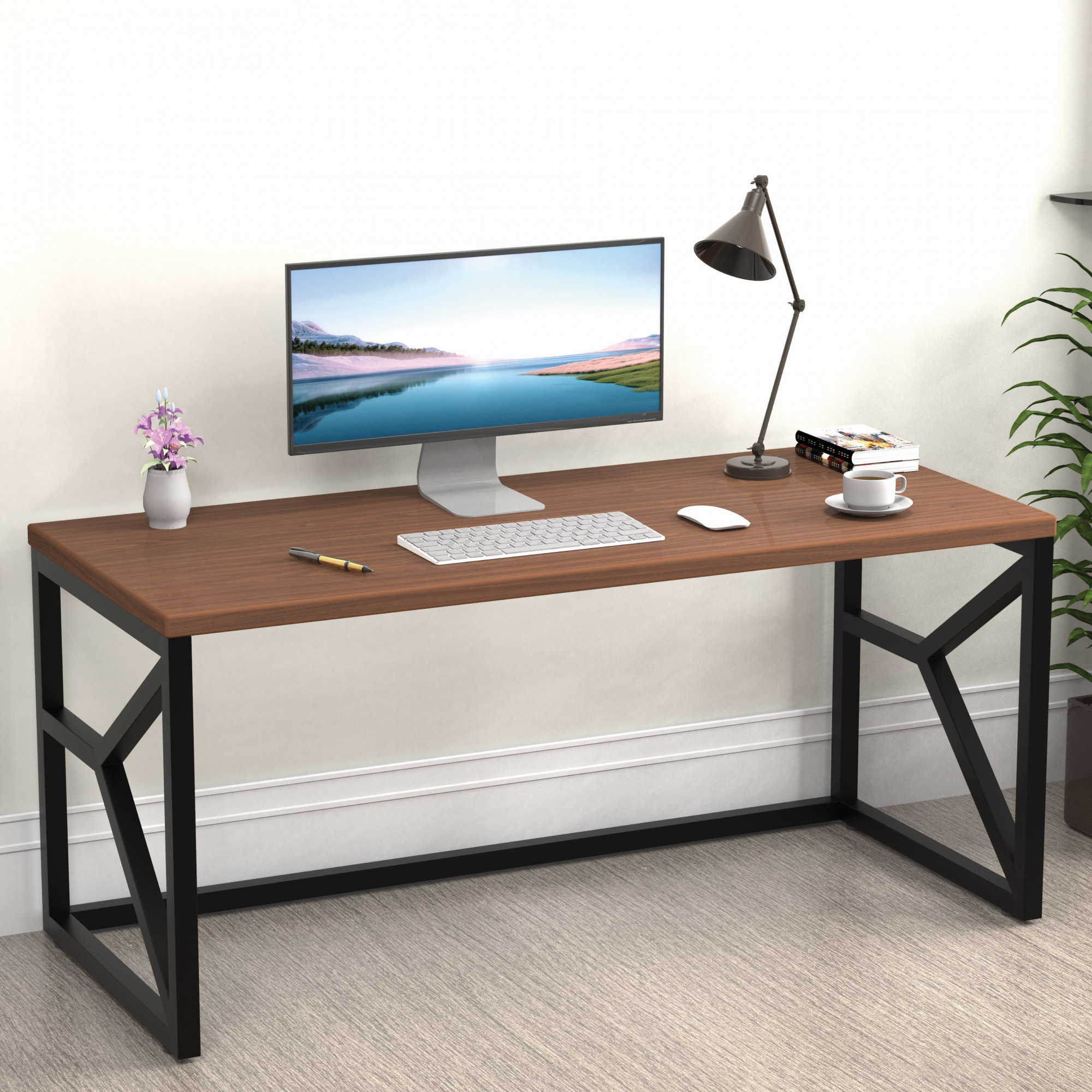 Duke Metal Wood Computer Table for Home Office Modern Study Desk with American Oak Top Black White Finish 61L x 122W x 73H Centimeters 1 Year Warranty