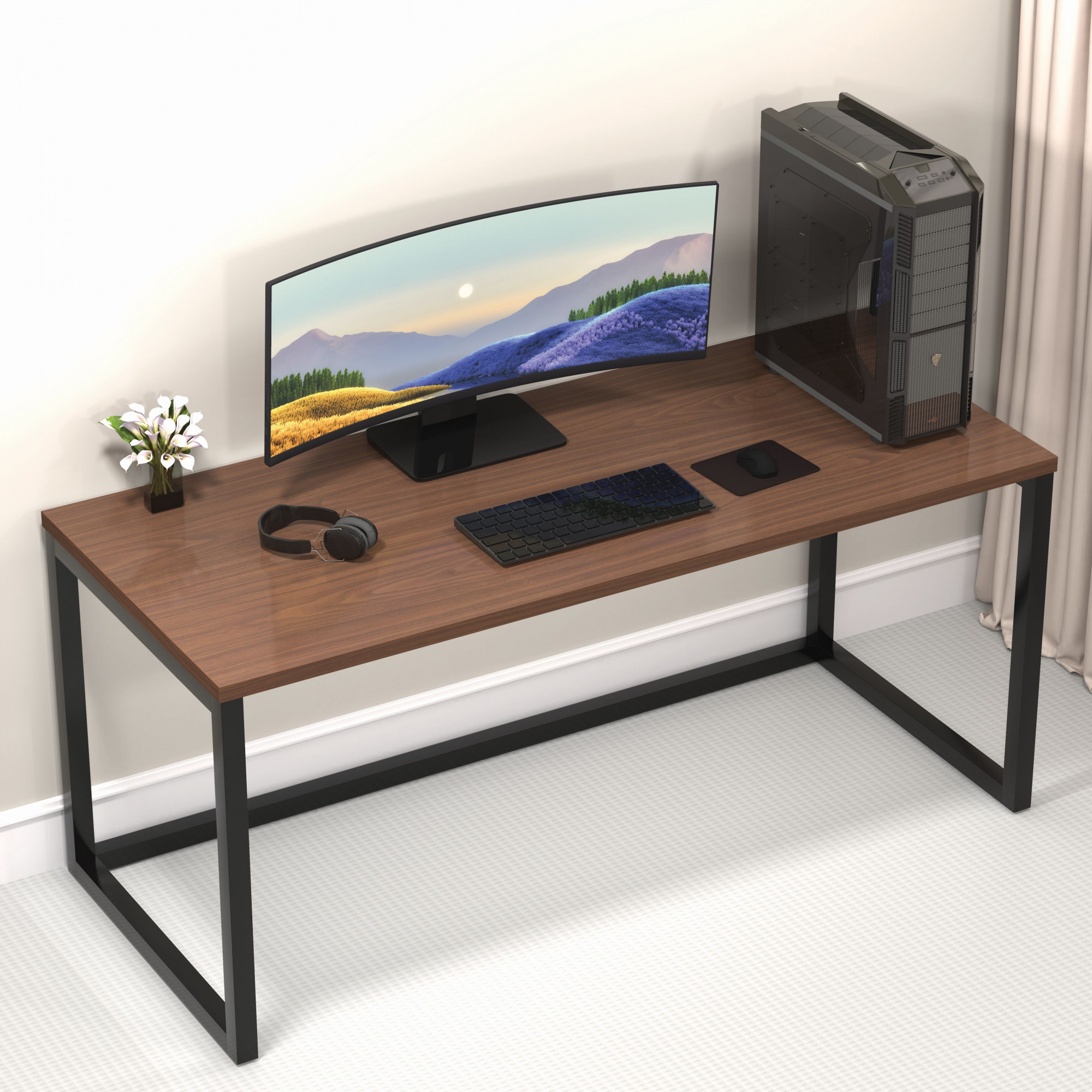 Lizon Metal  Wood Computer Table for Home  Office  Modern Study Desk  American Oak Top  Black Finish  61L x 122W x 73H Centimeters  1 Year Warranty