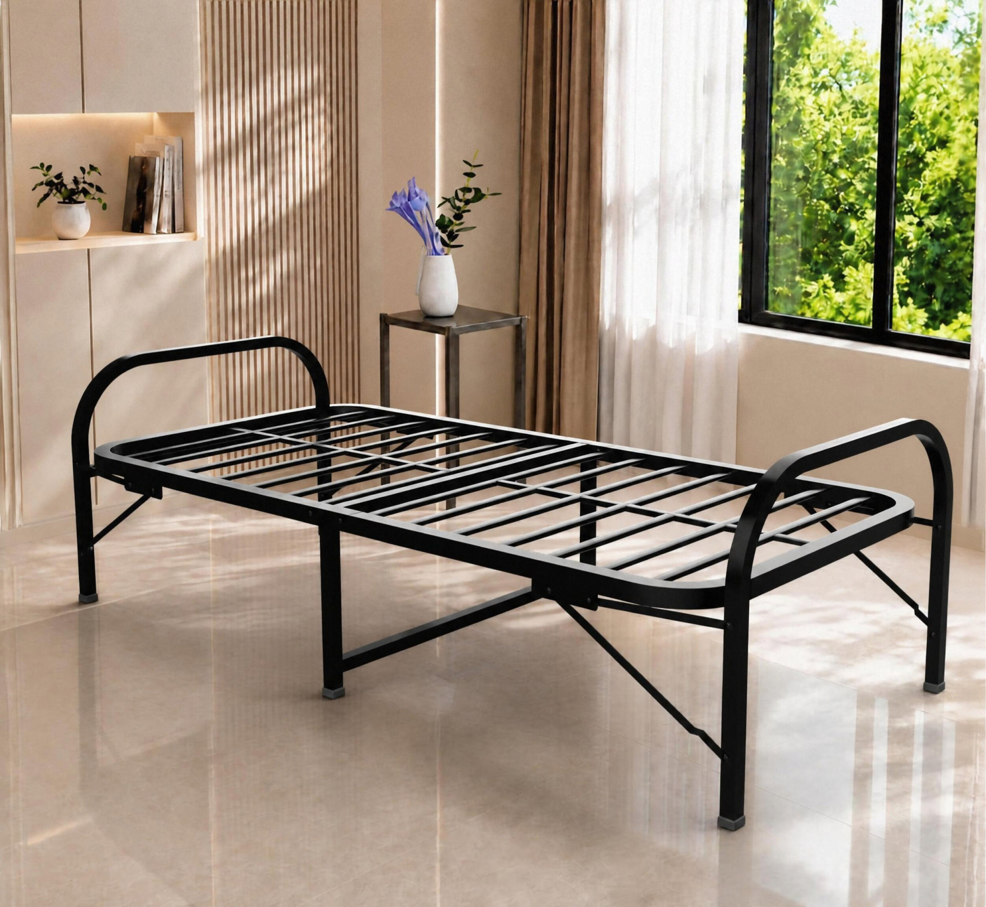 Atlas Round Folding Metal Bed without Mattress  Single Size  3ft X 6ft  25ft X 6ft  Black Finish