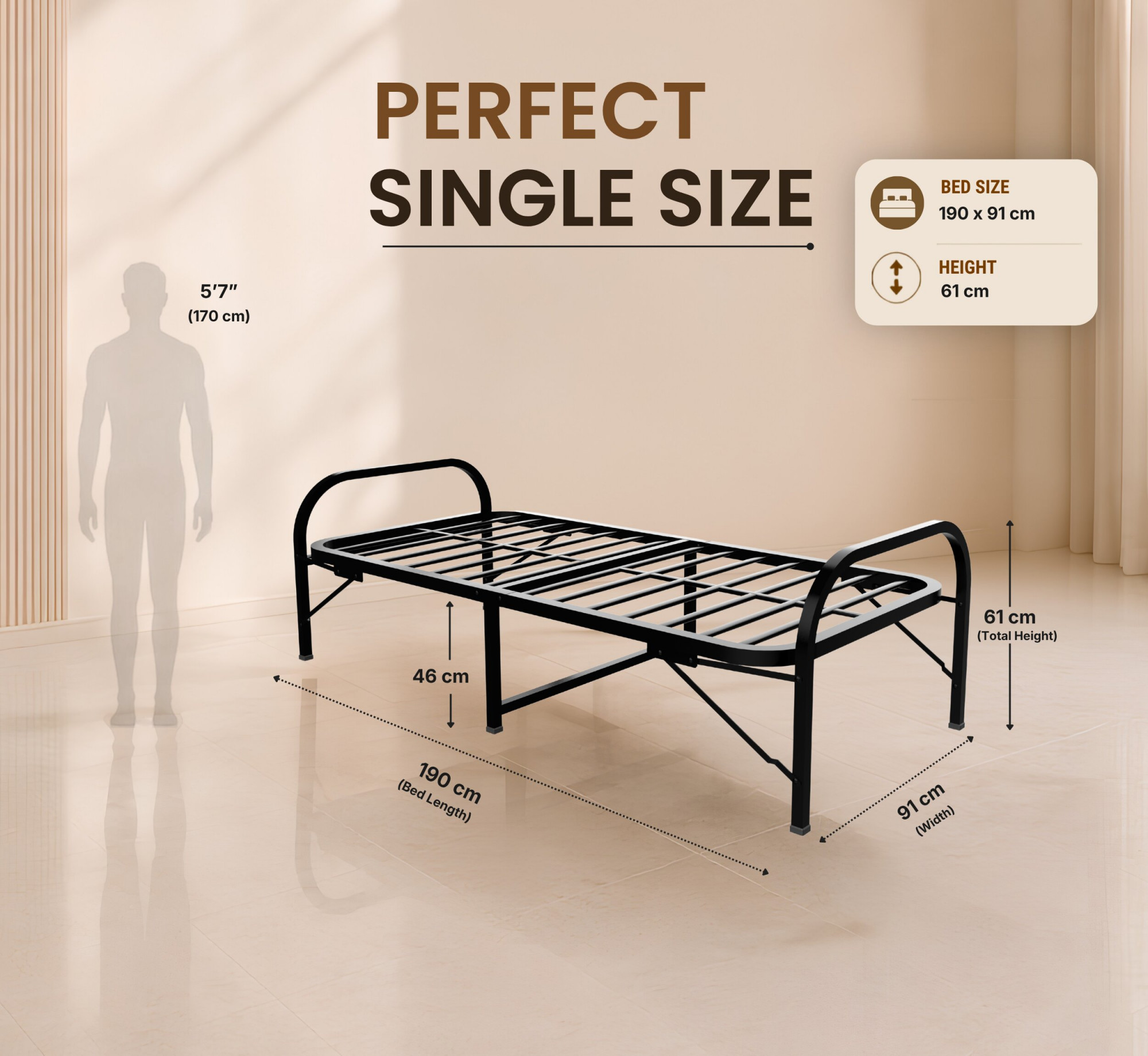 Atlas Round Folding Metal Bed without Mattress Single Size 3ft X 6ft 25ft X 6ft Black Finish