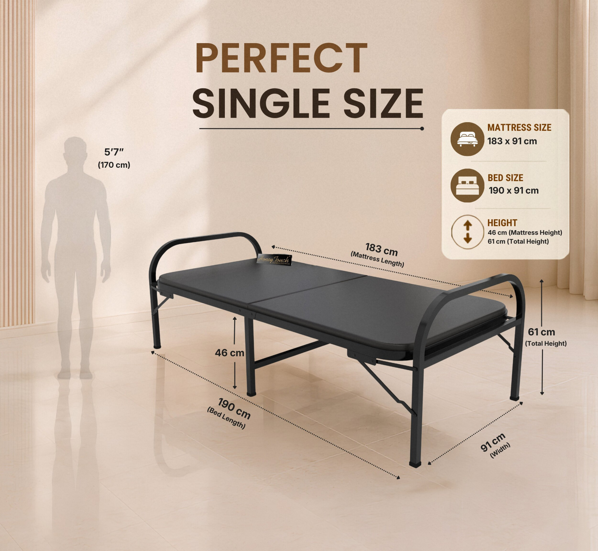 Atlas Round Folding Metal Bed Single Size Single Layer Double Layer Ortho Tri Layer Foam Mattress 3ft X 6ft 25ft X 6ft Black Finish