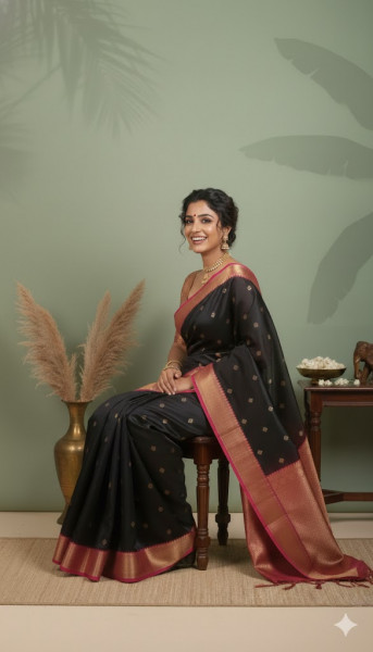 Image of House of EX Black Silk Blend Saree Gifting Box for Women