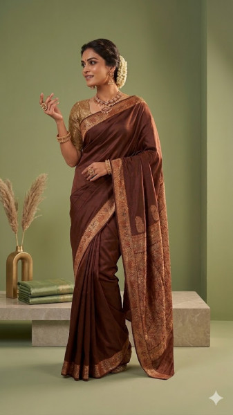 Image of House of EX Brown Silk Blend Saree Gifting Box for Women