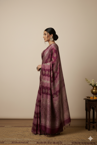 Image of House of EX Burgundy Pure Crepe Saree Gifting Box for Women