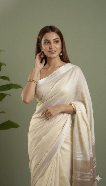 Image of House of EX Ivory Cream Pure Cotton Saree Gifting Box for Women