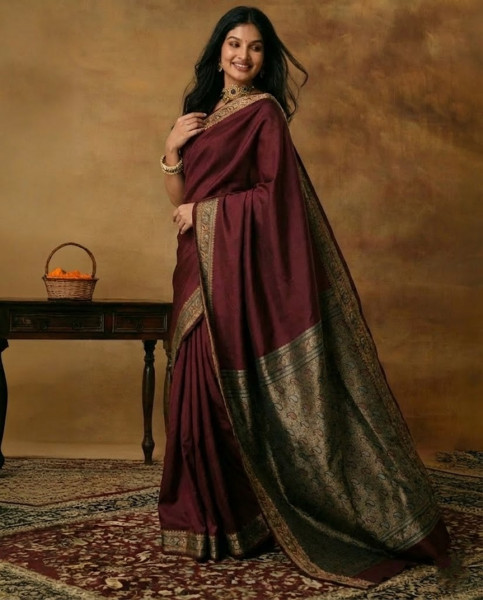 Image of House of EX Maroon Mysore Silk Saree Gifting Box for Women