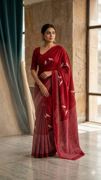 Image of House of EX Maroon Pure Cotton Saree Gifting Box for Women