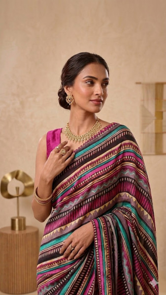 Image of House of EX Multicolor Poly Crepe Saree Gifting Box for Women