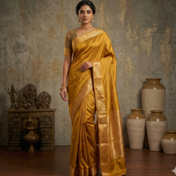 Image of House of EX Mustard Banarasi Silk Saree Gifting Box for Women