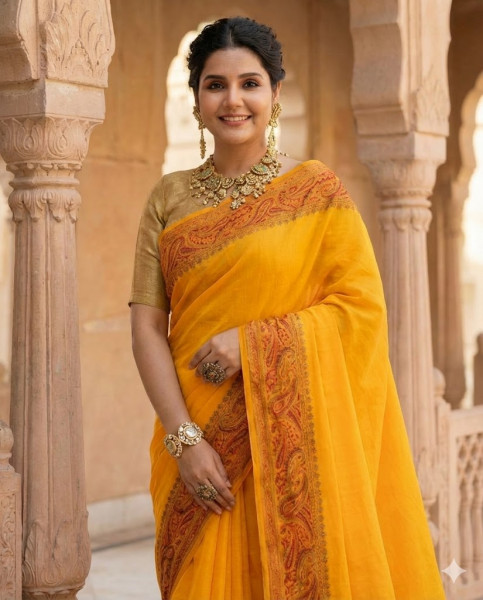 Image of House of EX Mustard Yellow Silk Cotton Saree Gifting Box for Women