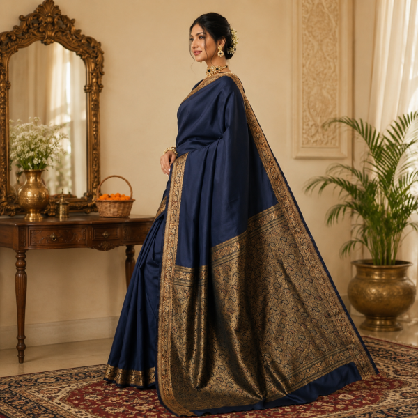 Image of House of EX Navy Blue Mysore Silk Saree Gifting Box for Women