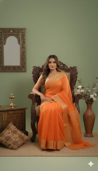 Image of House of EX Orange Cotton Silk Saree Gifting Box for Women