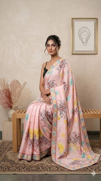 Image of House of EX Pink Poly Crepe Saree Gifting Box for Women