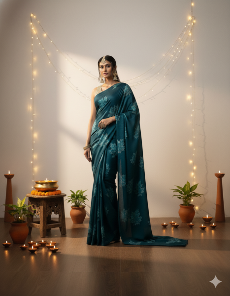Image of House of EX Teal Pure Crepe Saree Gifting Box for Women