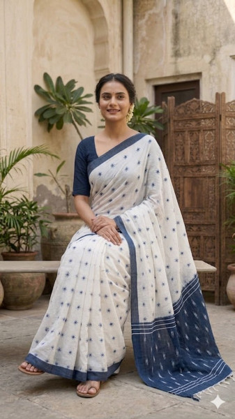 Image of House of EX White Pure Cotton Saree Gifting Box for Women