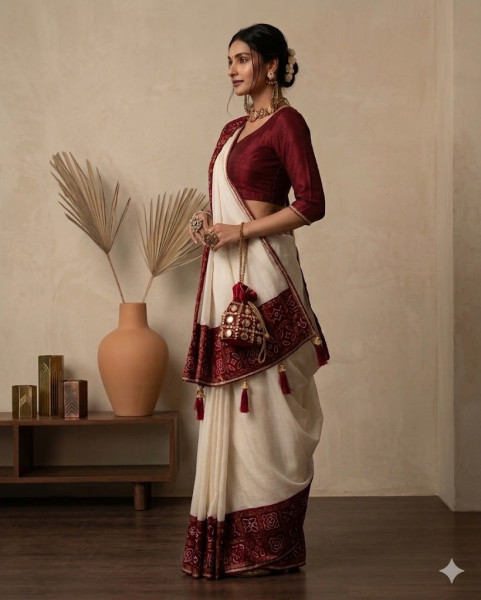 Image of House of EX Wine Pure Crepe Saree Gifting Box for Women