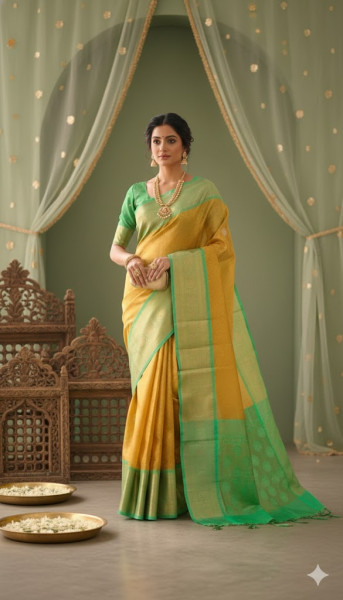 Image of House of EX Yellow &amp; Green Tissue Silk Saree Gifting Box for Women