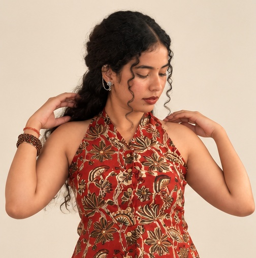 Terracotta red handblock print kurta set