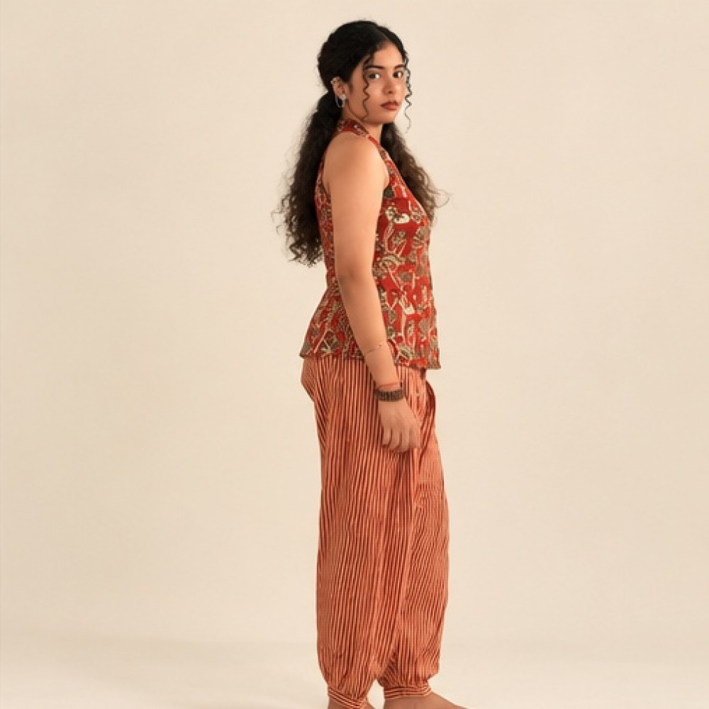 Image of Terracotta red handblock print kurta set