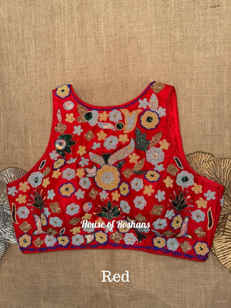 Image of Zero Neck Hand embroidered Blouse with cut out back