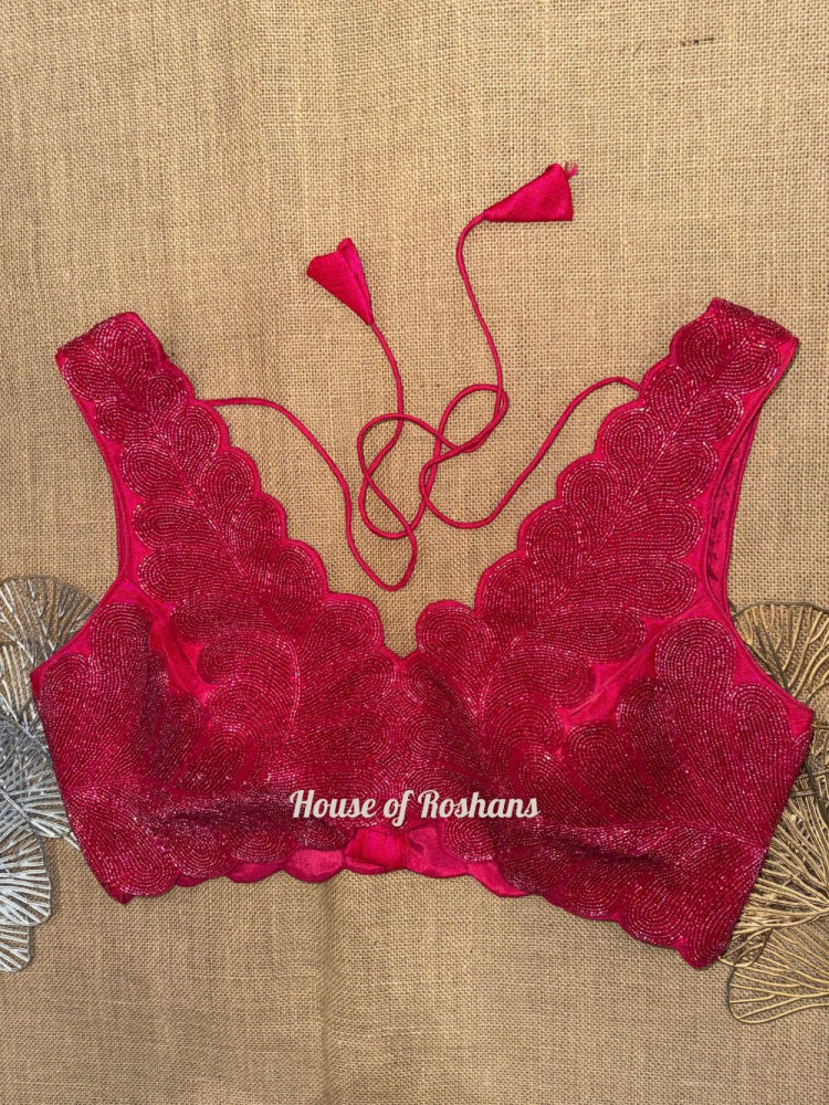 Image of Cherry Red Bead Work Sleeveless Blouse