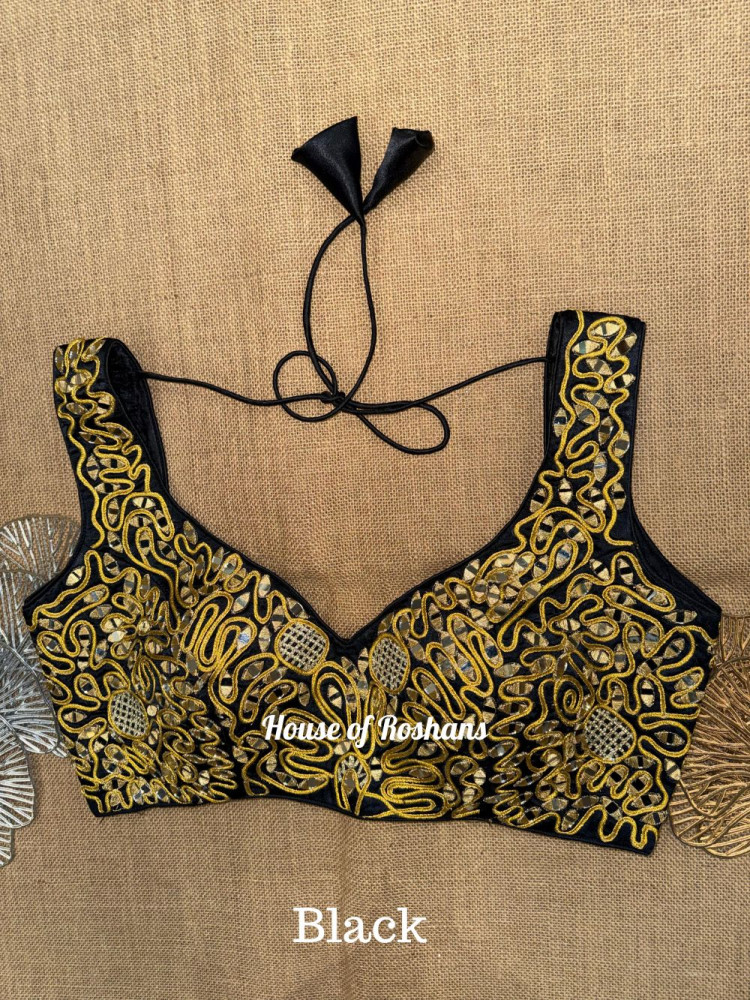 Image of Black Blouse with Yellow Work, Hand Embroidered Sleeveless Blouse