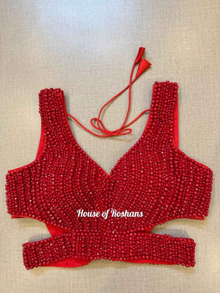 Image of Red Beaded Sleeveless Blouse