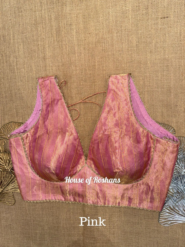 Image of Solid Sleeveless Tissue Saree Blouse with lace