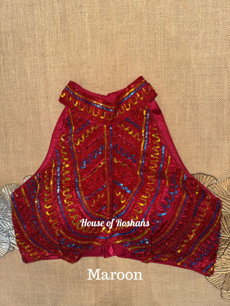 Image of Maroon Sequin Halter Neck Blouse