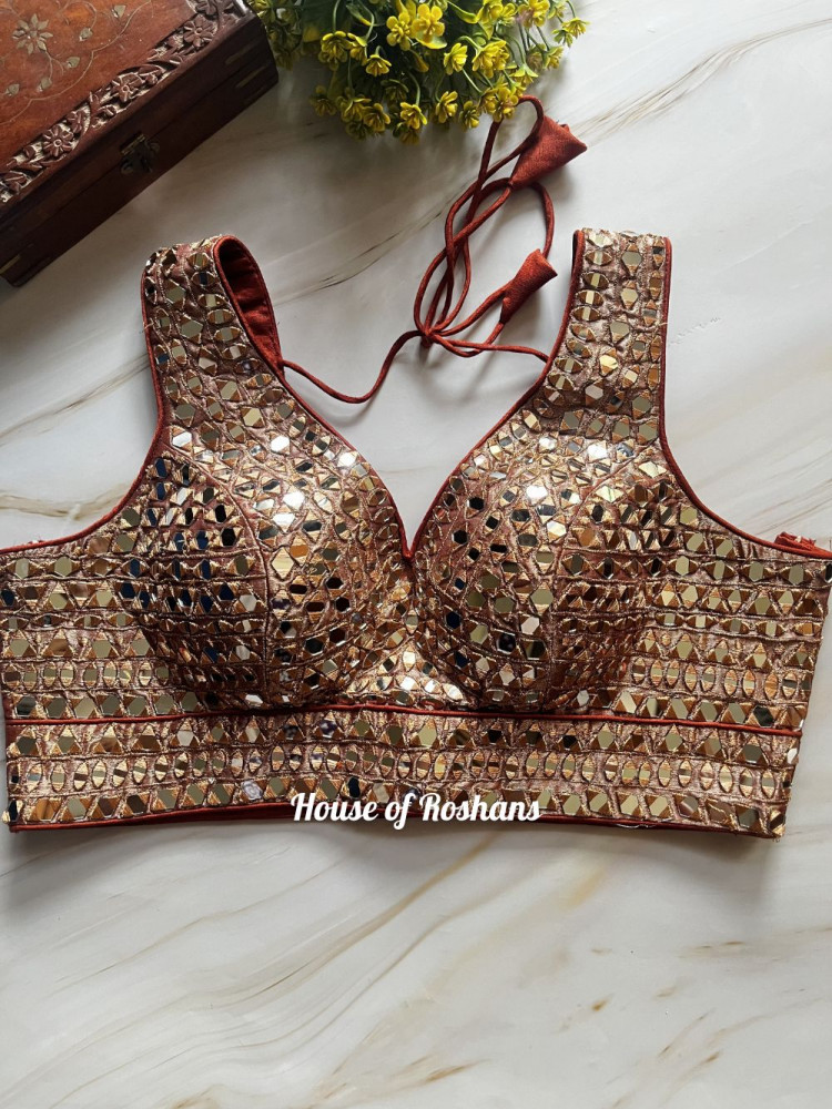 Image of Rust Mirror Work Embroidered Blouse