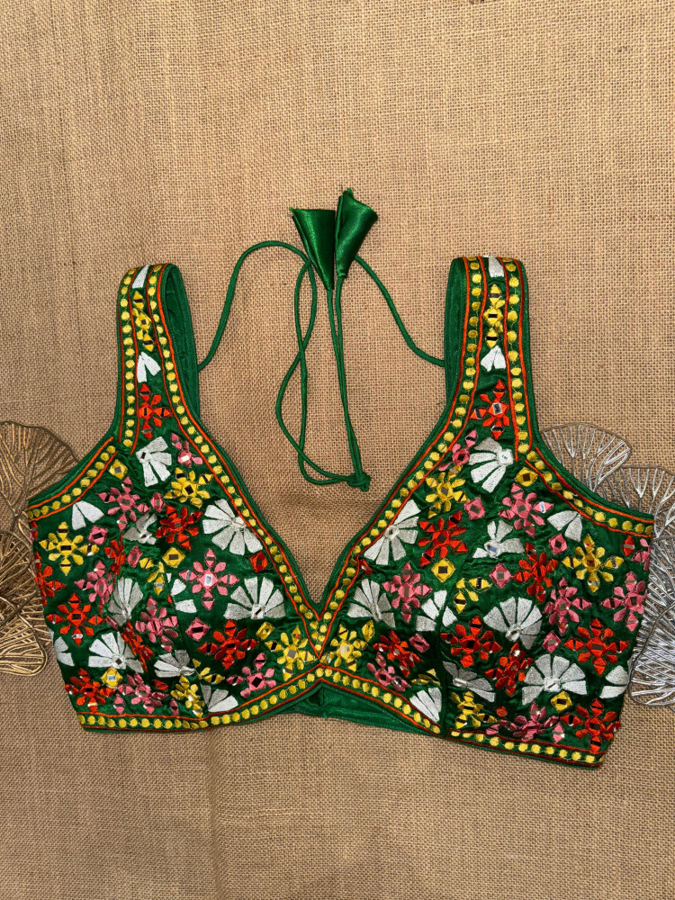 Image of Multicolor Embroidery Sleeveless Mirror Blouse