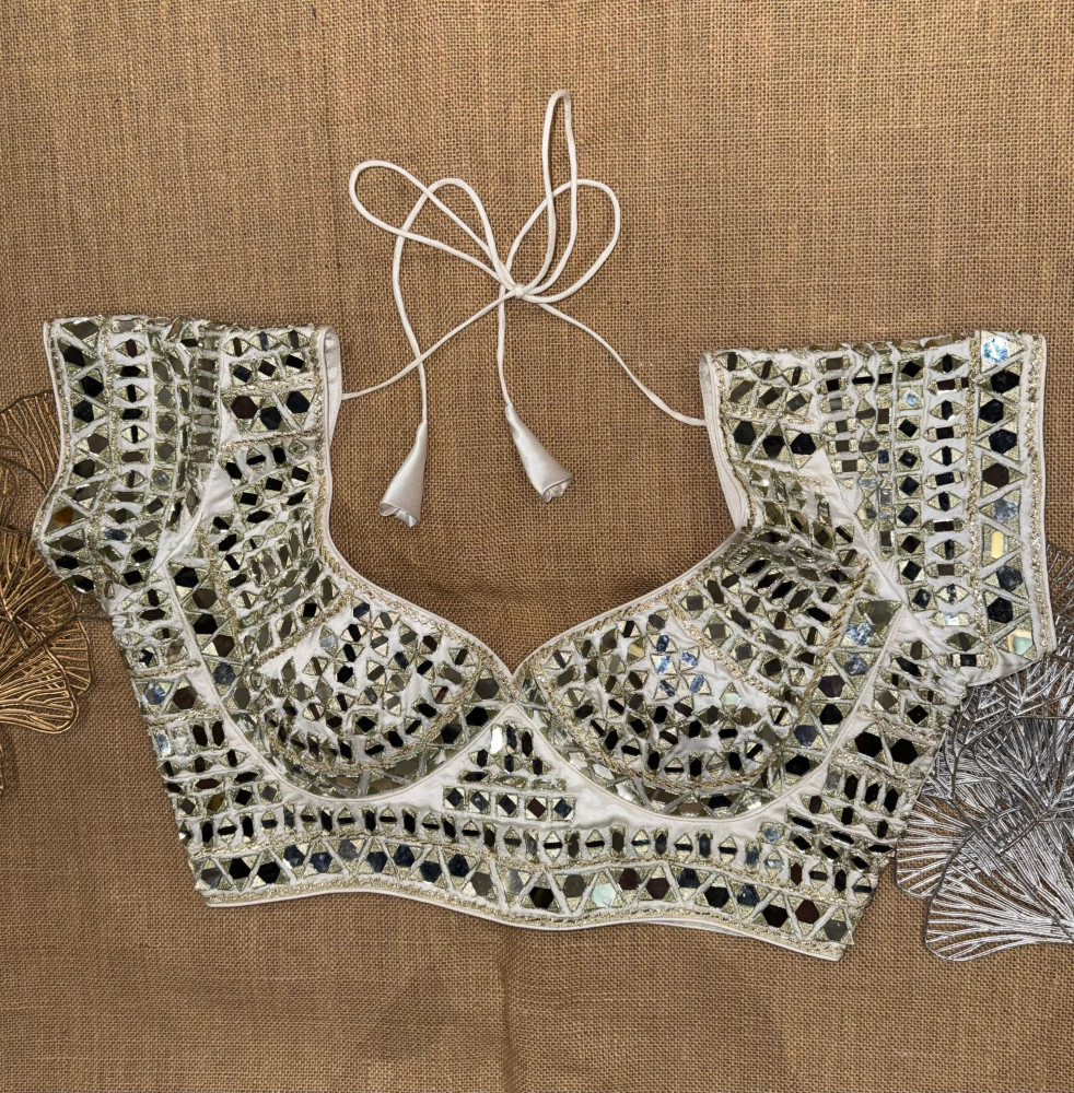 Image of Mirror Gota Embroidery Choli Cut Blouse with Cap Sleeves