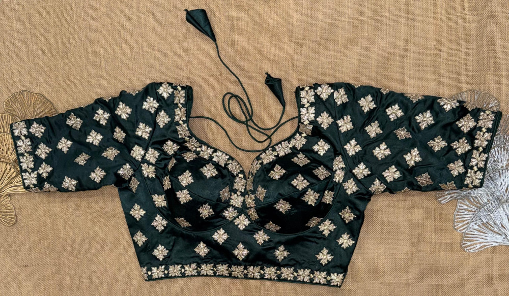 Image of Black Zari Work Embroidery  Blouse with sleeves