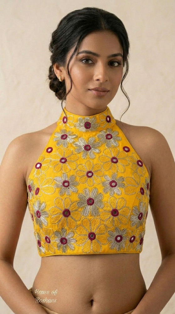 Image of Yellow Gota Mirror Work Embroidery Halter Neck blouse