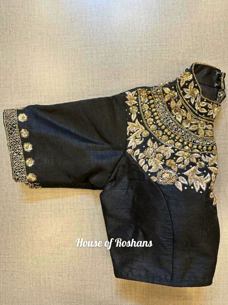Image of Raw Silk Blouses with Embroidered Maharani Neckline