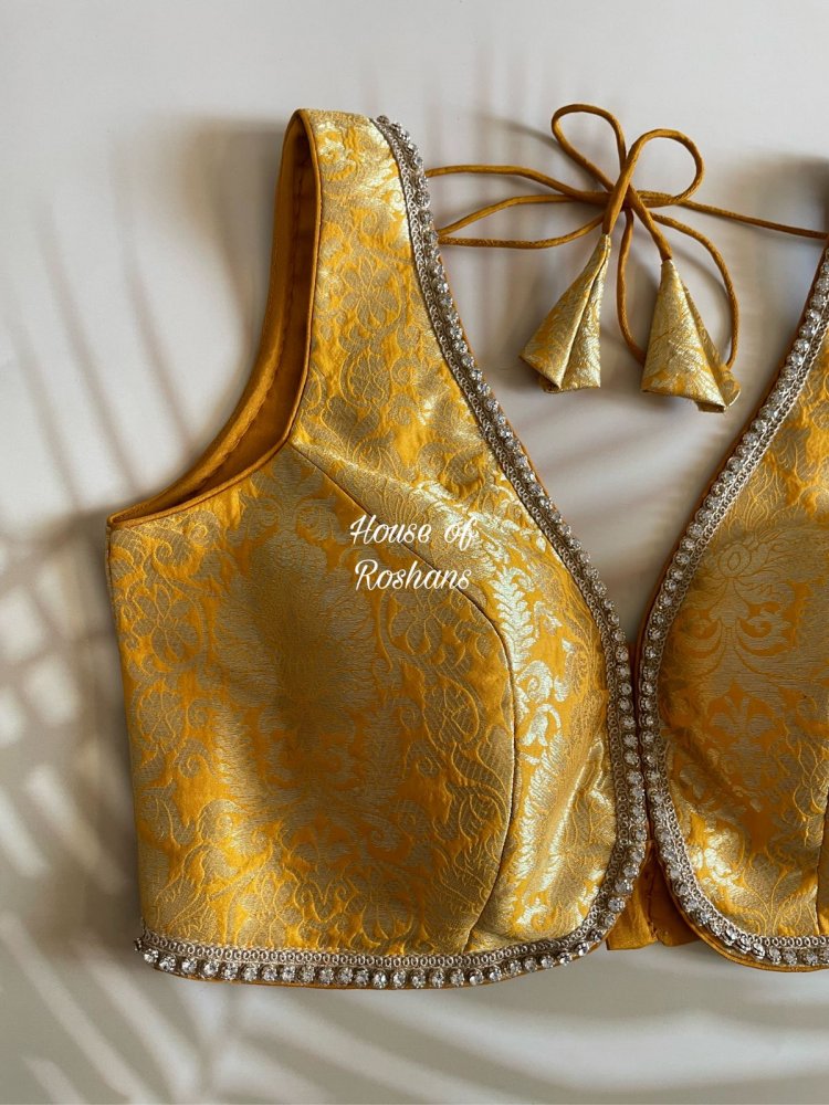 Buy Yellow Banarasi Saree Blouse Online in India with Stone Lace