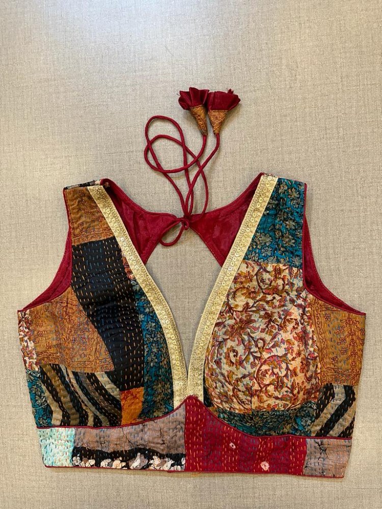 Buy Multicolor Kantha Stitch Saree Blouse Online in India with Sequin Lace