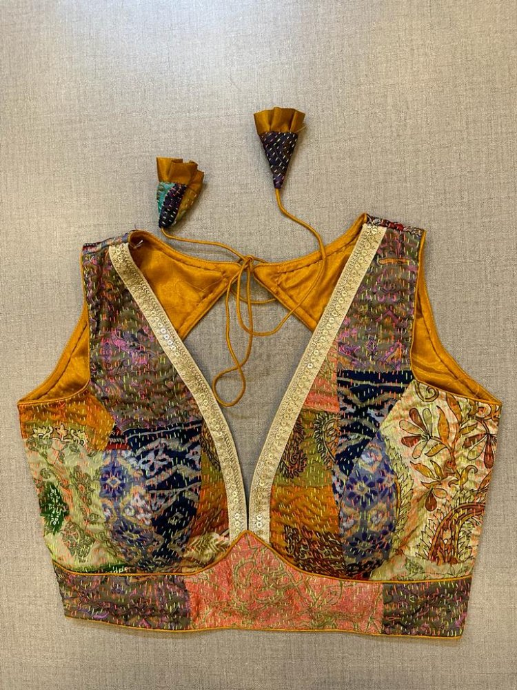 Shop Multicolor Kantha Stitch Saree Blouse Online in India