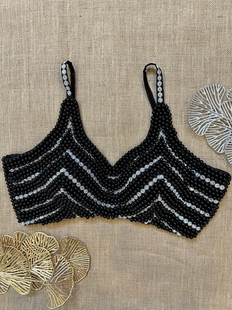 Black And Silver Bead Work Strappy Blouse1