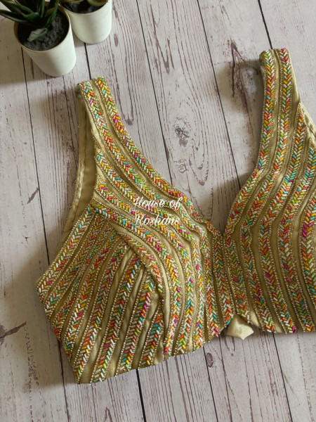 Golden Blouse With Multicolor Pipe Bead Work