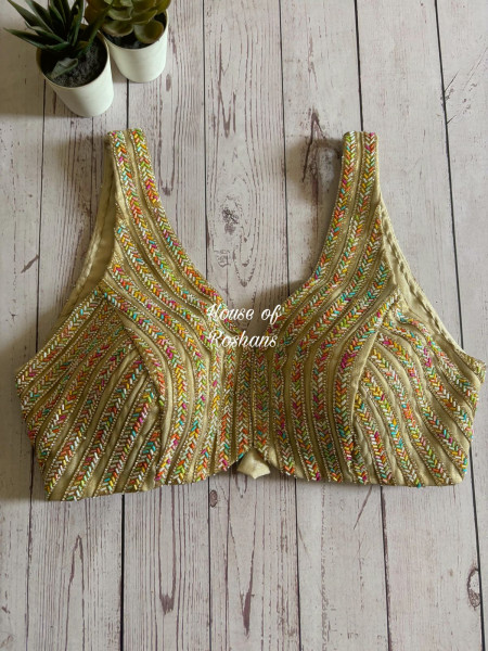 Golden Blouse With Multicolor Pipe Bead Work