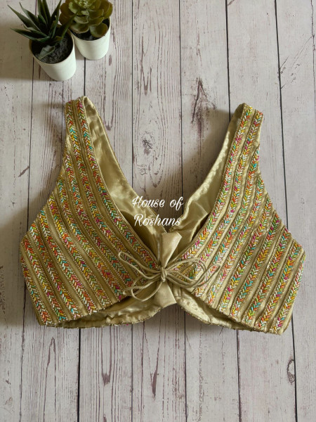 Golden Blouse With Multicolor Pipe Bead Work