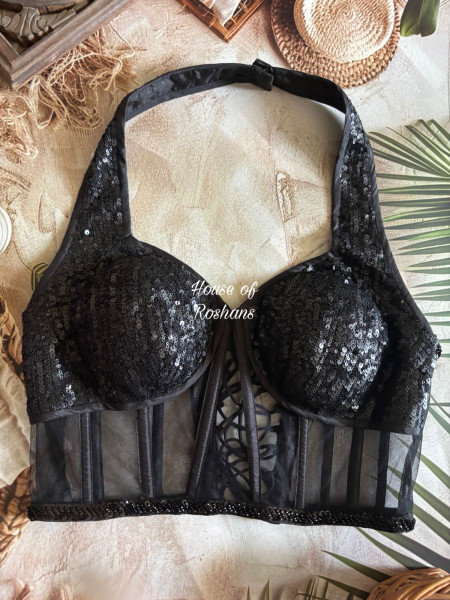 Black Sequin Net Halter Blouse