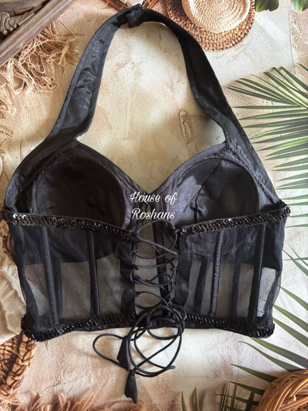 Black Sequin Net Halter Blouse