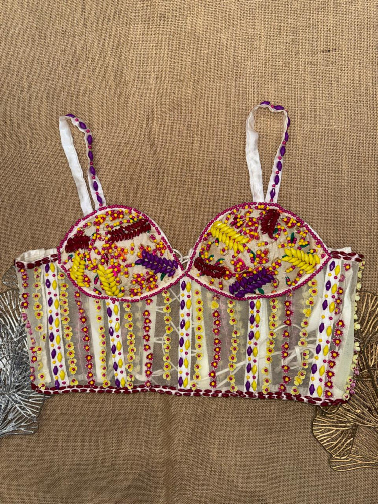 Image of Cream Multicolor Bead Work Net Corset Blouse