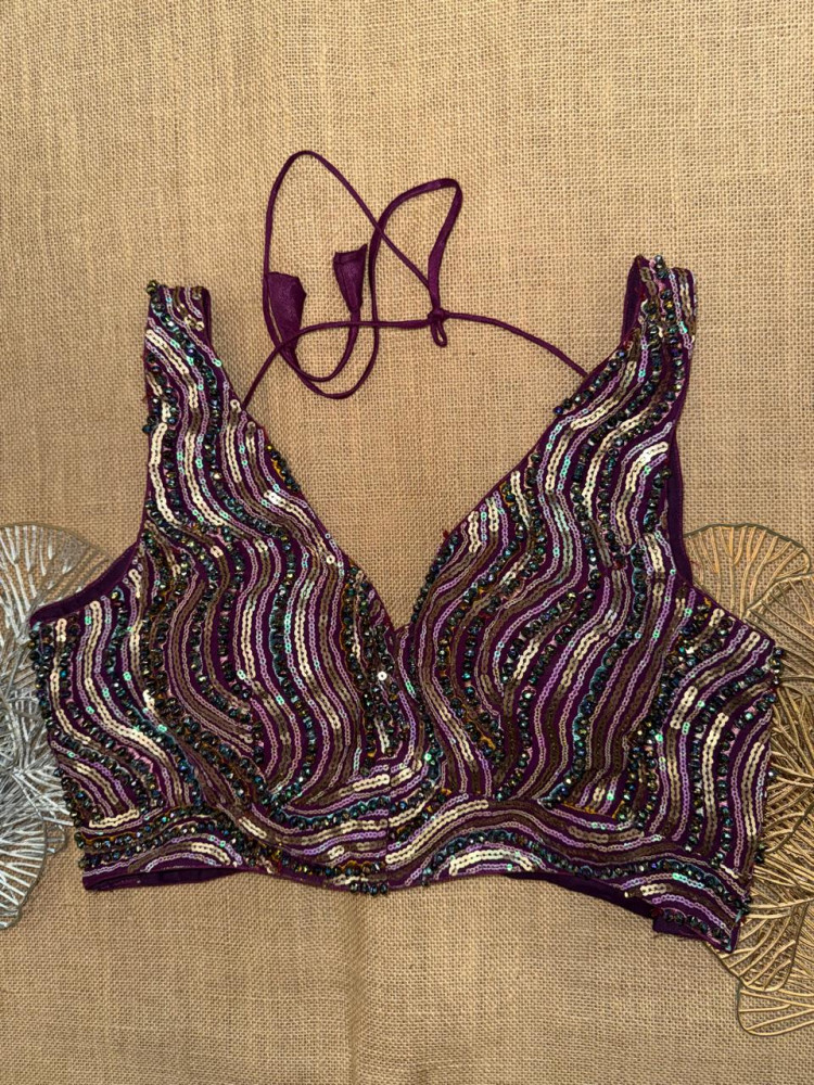 Image of Zircon And Stone Embroidery Sleeveless Sari Blouse