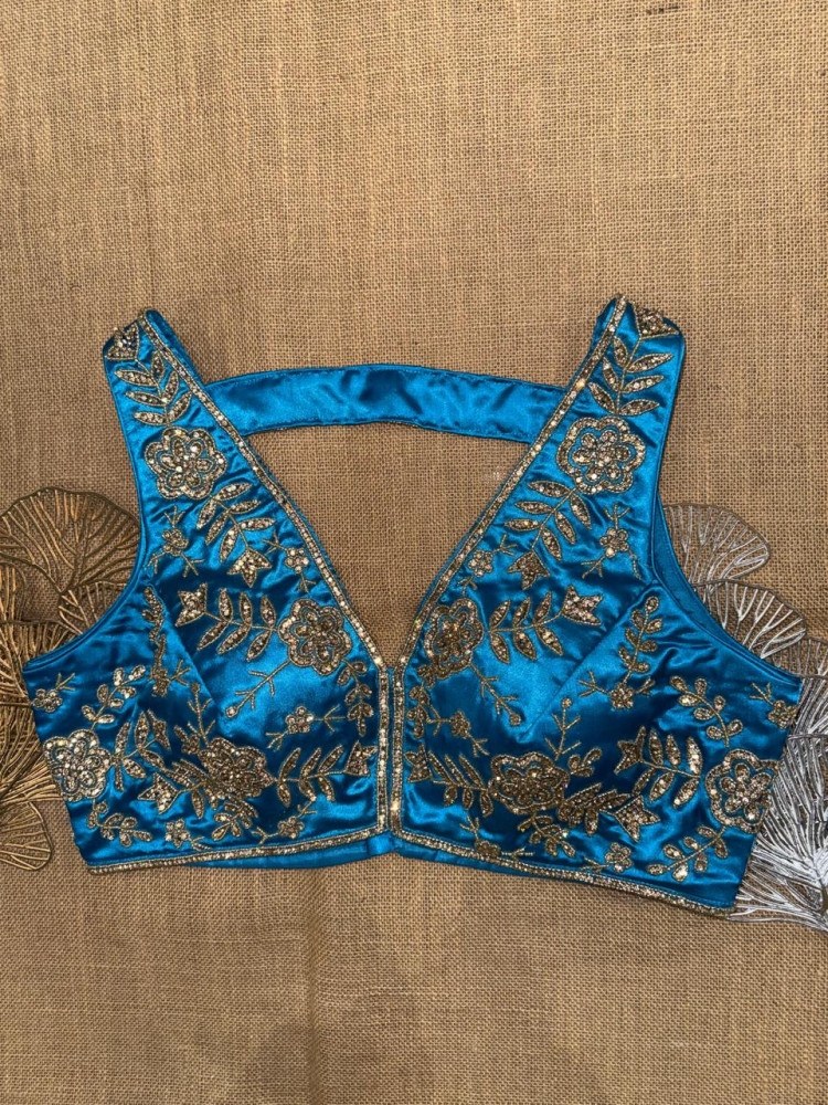 Image of Turquoise Blue Hand Embroidered Sleeveless Blouse